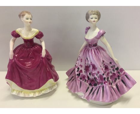 2 Coalport ceramic lady figures. Spring song and Flair. Spring song has hairline crack to back and base. Approx 21.5cm tall.