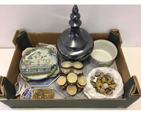 A box of miscellaneous ceramic and other items. To include Spode, Weiss monks egg cups, a French Pillivuyt soufflé dish and W