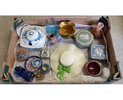 A box of misc. ceramic and glass items. To include Royal Doulton "Silicon" ware, Wedgwood Jasper ware and Controlled bubble a