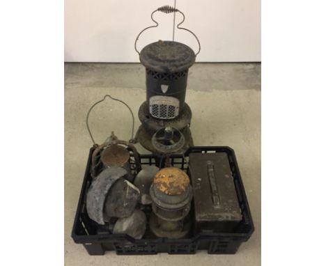 An assortment of metalware items. To include Tilley lamps and an ammunition box. 