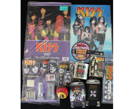KISS - a large box of Kiss related memorabilia to include Sonic Boom MakeUp Maquillage, a hipflask, a sandwich tin, an origin