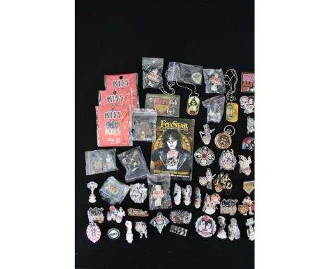 KISS - a selection of 40+ Kiss related enamel badges, pin badges, charms and tags to include x3 Hard Rock Café Kiss pin badge