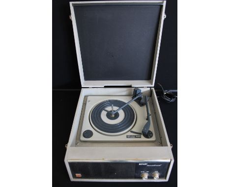 RECORD PLAYER - a Defiant transistorised record player in grey. No uk mains plug.