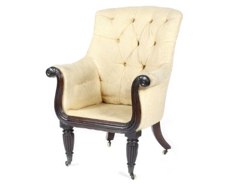 A George IV mahogany lyre shape armchair, button upholstered with damask fabric, with a reeded frame, terminating in turned r