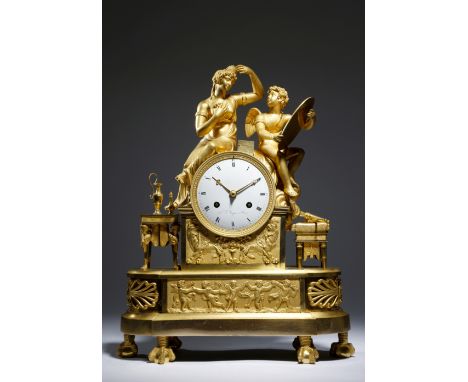 An Empire ormolu mantel clock by Beijar, the eight day brass cased drum movement, with an outside countwheel striking on a be