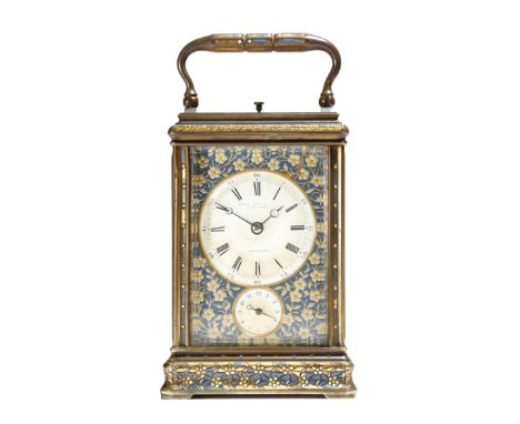 A late 19th century French repeating carriage clock with alarm by Drocourt, with a platform lever escapement striking the hou