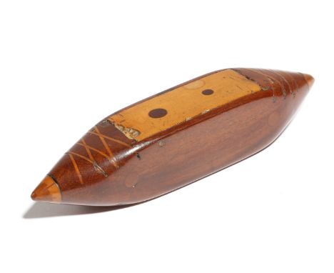 A 19th century treen snuff box in the form of a sewing shuttle, with inlaid decoration and a hinged lid, 11.5cm long.