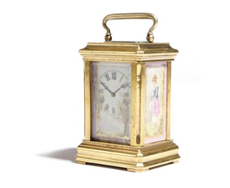 AMENDED A miniature gilt brass and porcelain mounted carriage clock, with a platform lever escapement, the backplate stamped 