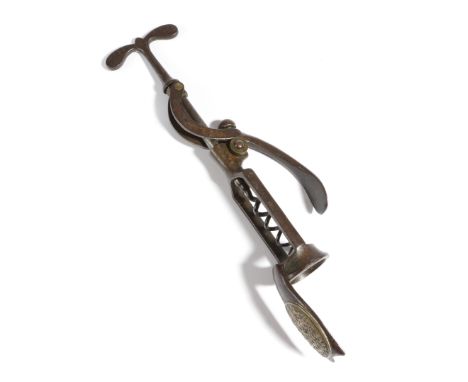 A Charles Hull 1864 Patent Royal Club single lever corkscrew, of roller type, with a brass oval plaque, inscribed 'C. HULL, P