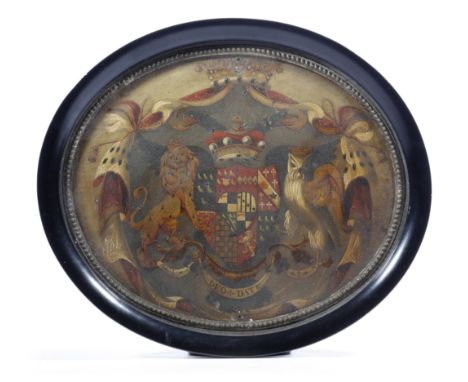 A 19th century oil on board oval coaching panel, painted with the coat of arms for 8th Lord Arundell of Wardour Castle, Wilts