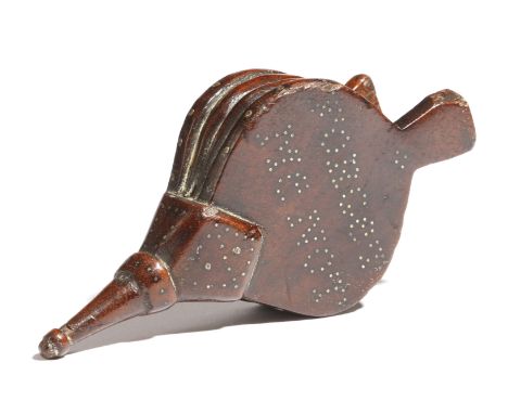 A 19th century treen snuff box in the form of a pair of bellows, with brass tack inlay inscribed 'FORGET ME NOT', with a slid