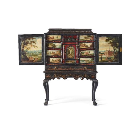 λ&nbsp;A mid-17th century Flemish Antwerp ebonised and tortoiseshell cabinet on stand, painted with twelve panels in the mann