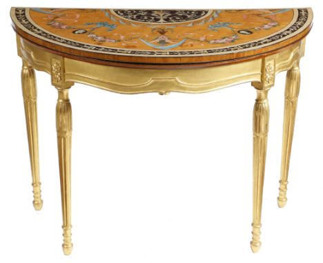 A George III painted satinwood demi-lune card table in the manner of George Brookshaw, the hinged fold-over top decorated wit