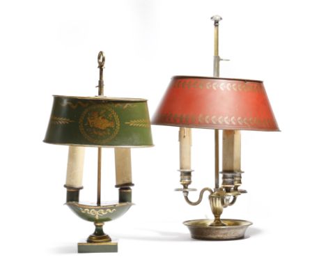 A French silvered brass bouillote lamp in Louis XVI style, with an adjustable tole shade and three lights, together with a si