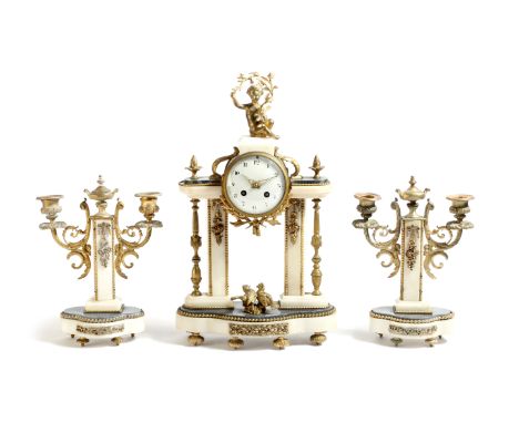 A late 19th century French marble and ormolu mounted clock garniture, the eight day brass cased drum movement with an outside