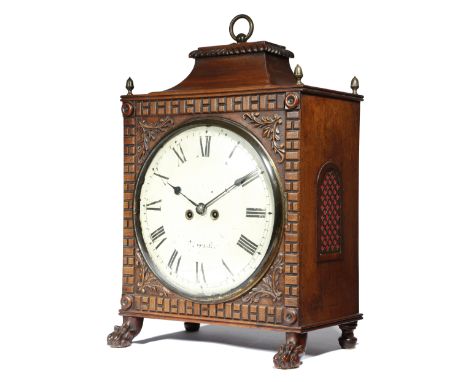 A late Regency mahogany quarter striking bracket clock, the eight day brass movement with four turned pillars and an anchor e