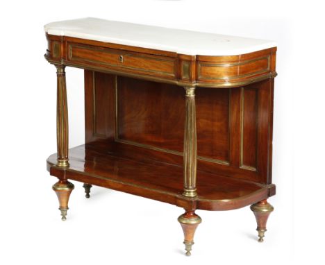 A French Directoire mahogany and brass mounted console desserte, the breakfront white marble top with a moulded edge, above a