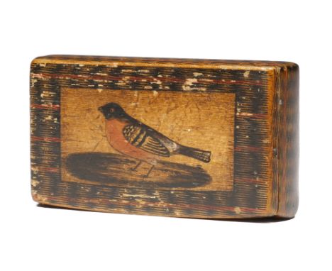 A small early 19th century Scottish Mauchline ware sycamore and penwork snuff box by George Sliman of Catrine, the hinged lid