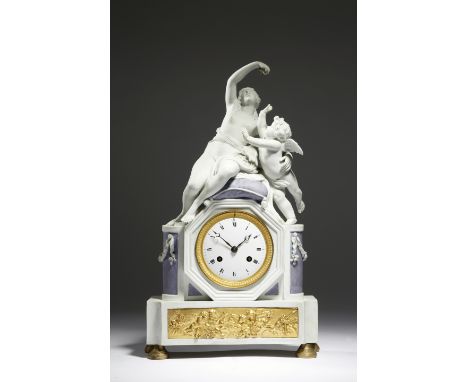 A Louis XVI Sevres biscuit porcelain mantel clock, the eight day brass cased drum movement with an outside countwheel strikin