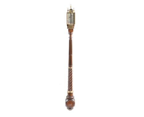 An early 18th century style mahogany and brass mounted stick barometer in the manner of Daniel Quare, with a silvered dial, t