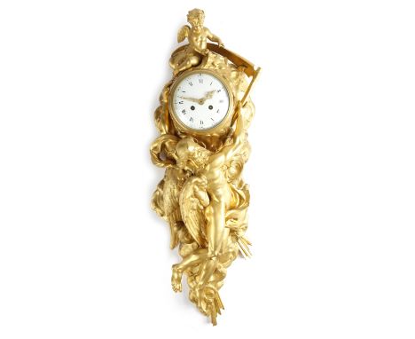 A Napoleon III ormolu cartel clock in Louis XV style, the eight day brass cased drum movement striking on a bell, the backpla