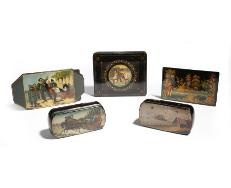 A late 19th century Russian black lacquer papier-mache snuff box, the lid painted with a troika scene, a similar box painted 