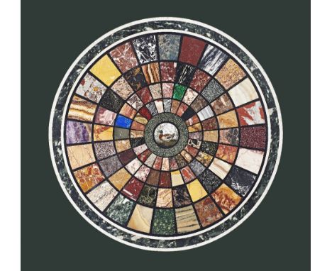 A mid-19th century Italian specimen marble and micromosaic Grand Tour table top, inlaid with radiating concentric panels of n