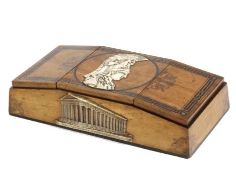 A continental walnut and bone mounted Grand Tour style box, with three lift-off lids revealing compartments, decorated with a