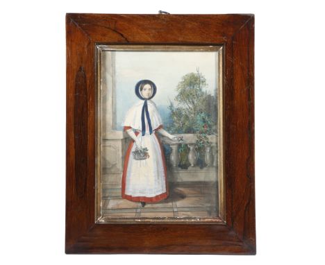 λ&nbsp;An early Victorian watercolour portrait of a young lady, standing on a terrace with a basket of flowers, wearing a red