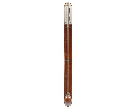 A George III mahogany stick barometer by Thomas Blunt of London, the arched silvered dial signed 'T. Blunt London', with an a