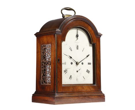 A George III mahogany bracket clock, the eight day brass twin fusee movement with a verge escapement and striking on a bell, 