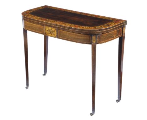 λ&nbsp;A George III Sheraton period rosewood and painted card table, the 'D' shape fold-over top banded in tulipwood and with