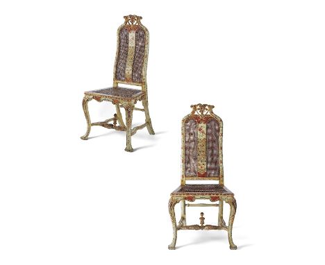 A rare pair of 'Queen Anne' white and polychrome japanned side chairs in the manner of John Ball, with parcel gilt decoration