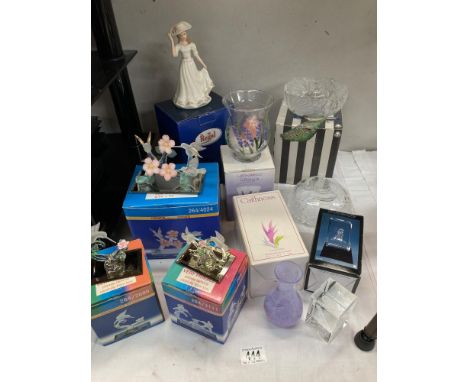 A quantity of boxed items including handmade glass humming birds, Caithness vase etc