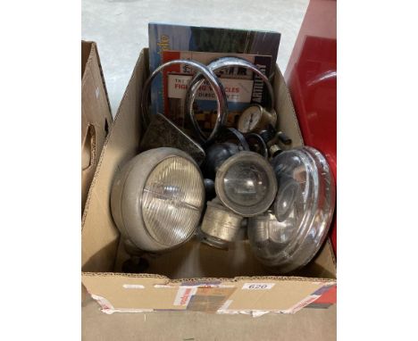 A box of vintage &amp; classic motorcycle &amp; car automobilia including A carbide lamp, AA Badge, King of the road light et