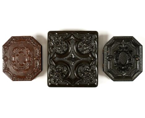 THREE AMBROTYPE PHOTOGRAPHS IN THERMOPLASTIC UNION CASES, C1870  comprising two 9th plate hexagonal cased examples, the third