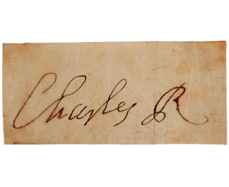 CHARLES II (1630-1685) PIECE SIGNED AS KING, CHARLES R  4.9 x 10.6cm, loosely laid down on an old laid paper leaf