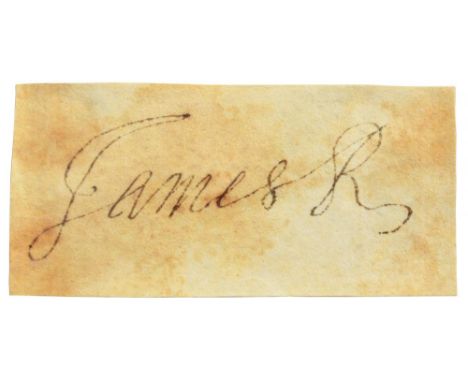 JAMES II (1633-1701) PIECE SIGNED  AS KING, JAMES R  on parchment, 3.8 x 8.1cm, loosely laid down on an old laid paper leaf