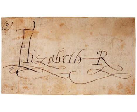 ELIZABETH I (1553-1603) PIECE SIGNED Elizabeth R,  7 x 12.5cm, loosely laid down on an old laid paper leafA fineexample of th