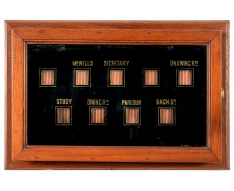 THE EDWARDIAN MAHOGANY ELECTRIC SERVANTS' INDICATOR BOARD FROM THE KENT HOME OF H G WELLS with fenestrated black and gilt gla