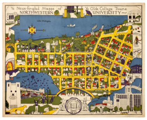 LILLIAN MCKINSTRY FITCH  YE NEWE-FANGLED MAPPE OF YE OLD COLLEGE TOWNE NORTHWESTERN UNIVERSITY 1927  lithograph in colour, 58