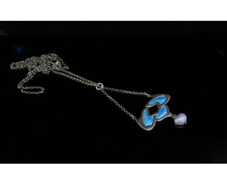 An Art Nouveau Charles Horner silver enamel necklace with pearl drop, 52cm long