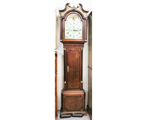 An Oak Eight Day Longcase Clock, signed Jno Kitchen, Nantwich, circa 1790, swan neck pediment, hood with gilt painted glass p