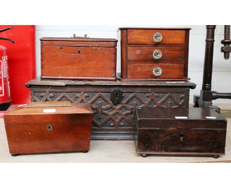 An 18th Century Carved Oak Bible Box, 62cm by 38cm by 22cm, together with a Regency tea caddy, two 19th century hinged boxes 