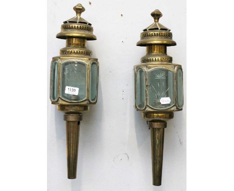 A Pair of Brass Carriage Lamps, by the Lime House Lamp Company, with etched glass panels, 54 cm highProvenance: Dutton Manor,