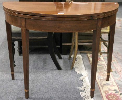 A George III Mahogany Fold Over Card Table, with satinwood stringing, 96cm by 43cm by 73cmLeaves warped, some splits to top v