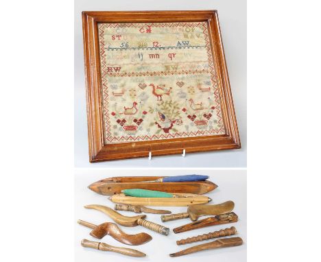 A Framed Victorian Woolwork Sampler, worked by Mary Anne Wilkinson, aged 13, 1862; together with a marquetry inlaid knitting 