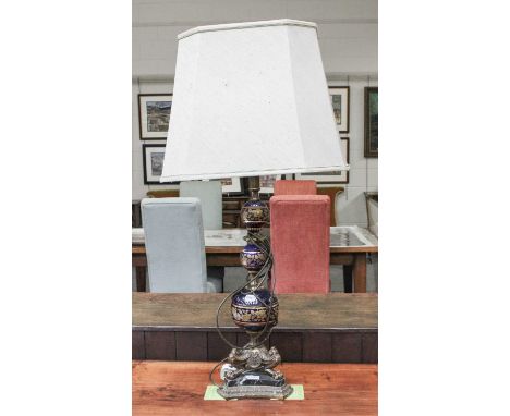 A Gilt Metal, Marble and Gilt Porcelain Table Lamp, 97cm including shade