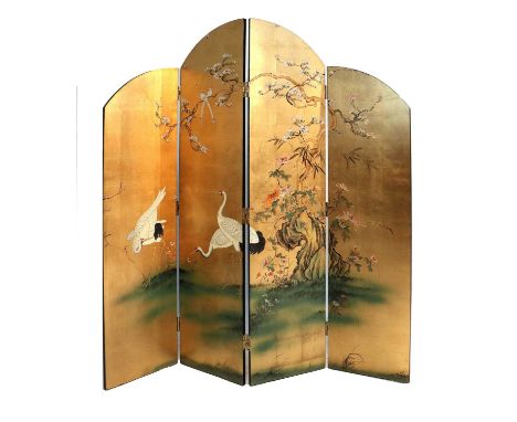 A Four-Fold Lacquered Arch Top Dressing Screen, with black and gilt grounds, painted with Chrysanthemums, the central panels 
