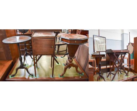 19th Century Furniture, to include: a George III mahogany wash stand, two mahogany pole screens, a Victorian walnut work tabl